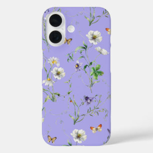Wilde bloemen en vlinders op lavendel iPhone 16 hoesje