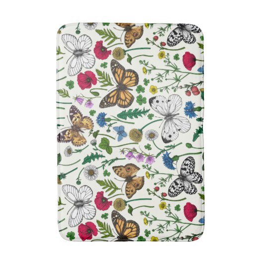Wilde bloemen en vlinders op wit badmat (Voorkant Verticaal)