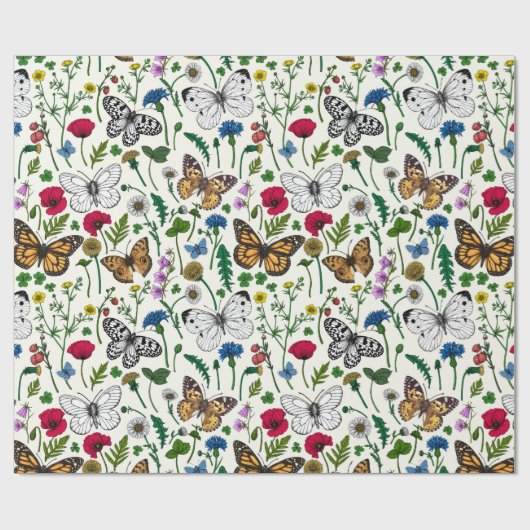 Wilde bloemen en vlinders op wit cadeaupapier (Vlak)