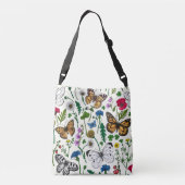 Wilde bloemen en vlinders op wit crossbody tas (Achterkant)