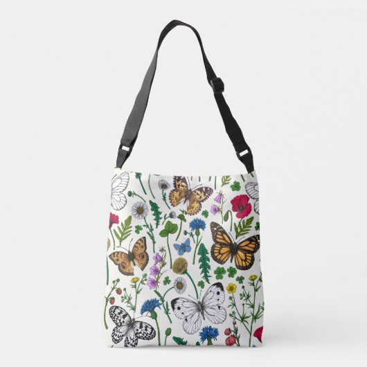 Wilde bloemen en vlinders op wit crossbody tas (Achterkant)
