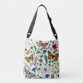 Wilde bloemen en vlinders op wit crossbody tas (Voorkant)