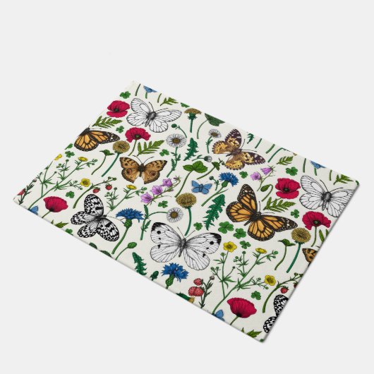 Wilde bloemen en vlinders op wit deurmat (Schuin)