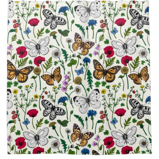 Wilde bloemen en vlinders op wit douchegordijn (Voorkant)