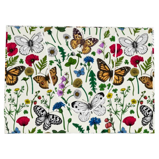 Wilde bloemen en vlinders op wit groot cadeauzakje (Achterkant)