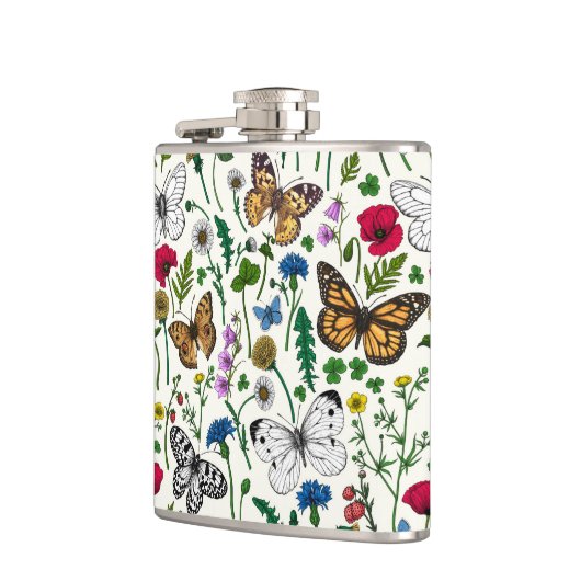 Wilde bloemen en vlinders op wit heupfles (Links)