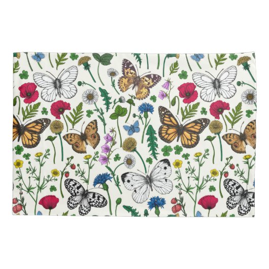 Wilde bloemen en vlinders op wit kussensloop (Achterkant-Links)