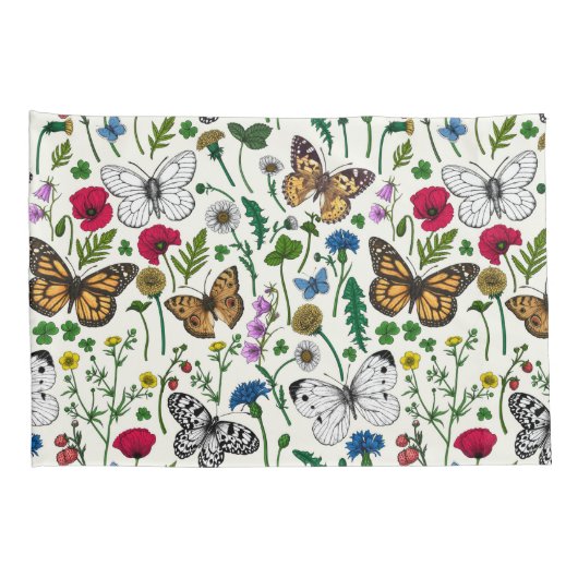 Wilde bloemen en vlinders op wit kussensloop (Achterkant-Rechts)
