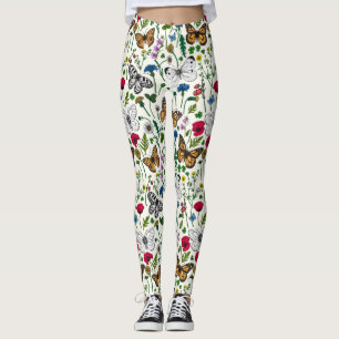 Wilde bloemen en vlinders op wit leggings