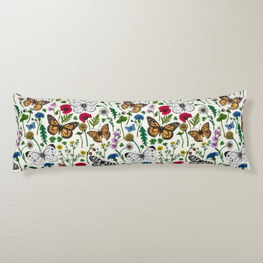 Wilde bloemen en vlinders op wit lichaamskussen (Achterkant)