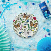 Wilde bloemen en vlinders op wit papieren bordje (Feest)