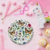Wilde bloemen en vlinders op wit papieren bordje (Feest)