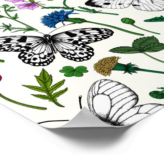 Wilde bloemen en vlinders op wit poster (Hoek)