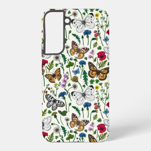 Wilde bloemen en vlinders op wit samsung galaxy hoesje (Achterkant)