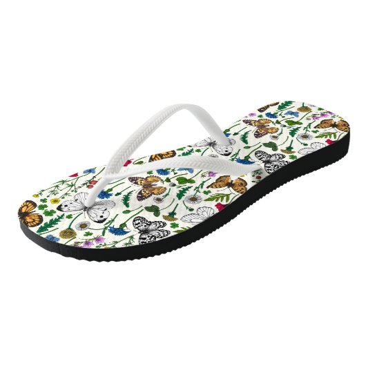 Wilde bloemen en vlinders op wit teenslippers (Schuin)