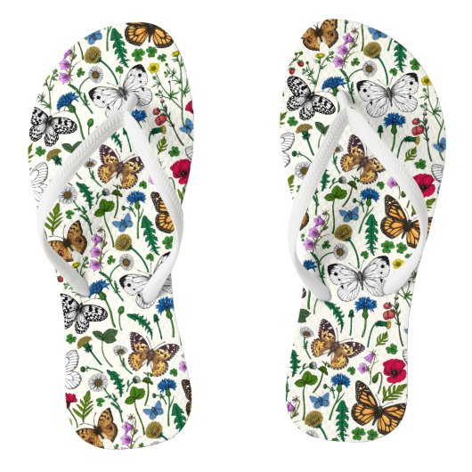 Wilde bloemen en vlinders op wit teenslippers (Voetbed)