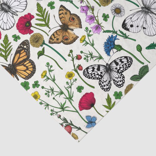 Wilde bloemen en vlinders op wit tissuepapier (Detail)