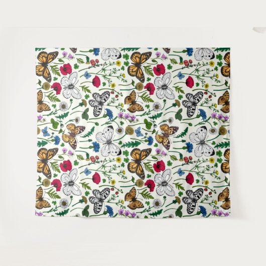 Wilde bloemen en vlinders op wit wandkleed (Voorkant (horizontaal))