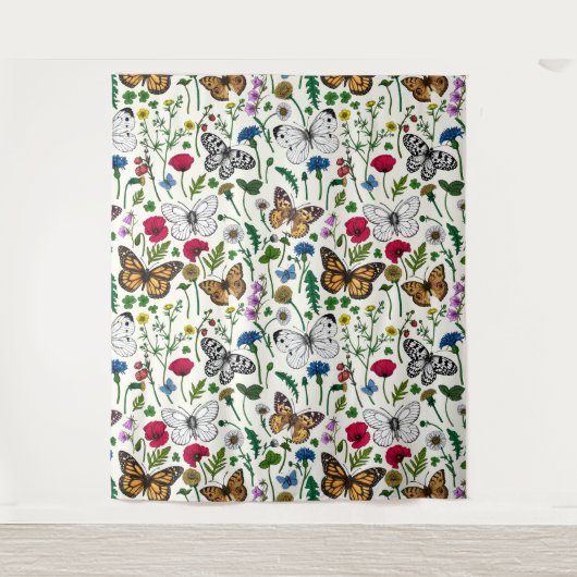 Wilde bloemen en vlinders op wit wandkleed (Voorkant)