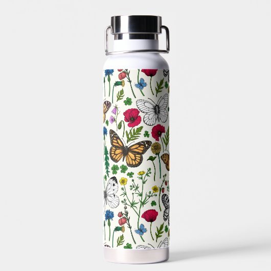 Wilde bloemen en vlinders op wit waterfles (Achterkant)