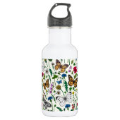 Wilde bloemen en vlinders op wit waterfles  (Voorkant)