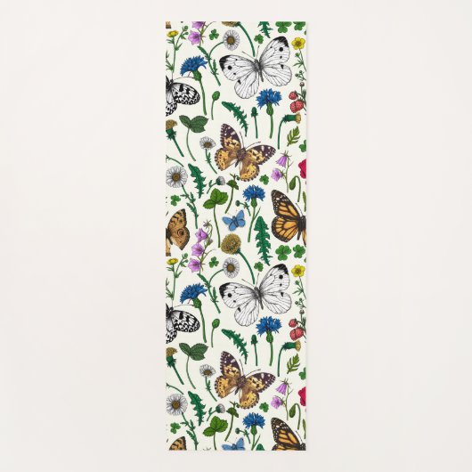 Wilde bloemen en vlinders op wit yogamat (Voorkant)