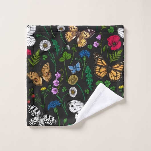 Wilde bloemen en vlinders op zwart bad handdoek (Wasdoekje)