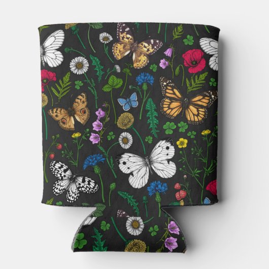 Wilde bloemen en vlinders op zwart blikjeskoeler (Achterkant)