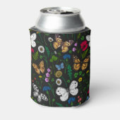 Wilde bloemen en vlinders op zwart blikjeskoeler (Blikje Achterkant)