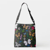 Wilde bloemen en vlinders op zwart crossbody tas (Achterkant)