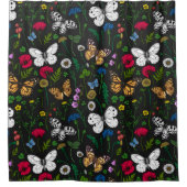 Wilde bloemen en vlinders op zwart douchegordijn (Voorkant)