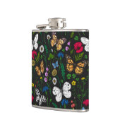 Wilde bloemen en vlinders op zwart heupfles (Links)