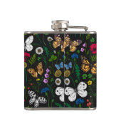 Wilde bloemen en vlinders op zwart heupfles (Achterkant)