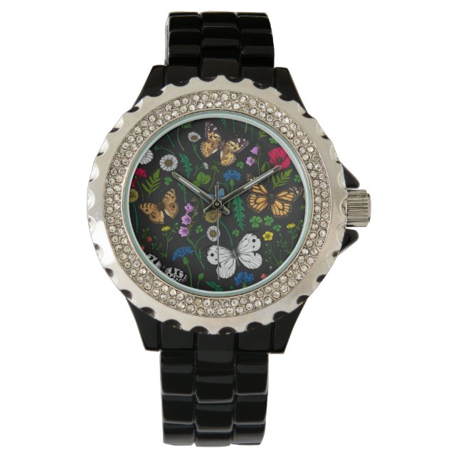 Wilde bloemen en vlinders op zwart horloge (Voorkant)