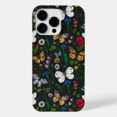 Wilde bloemen en vlinders op zwart iPhone hoesje (Achterkant)