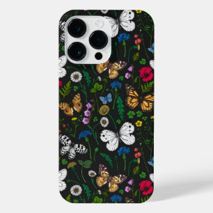 Wilde bloemen en vlinders op zwart iPhone 14 pro max hoesje