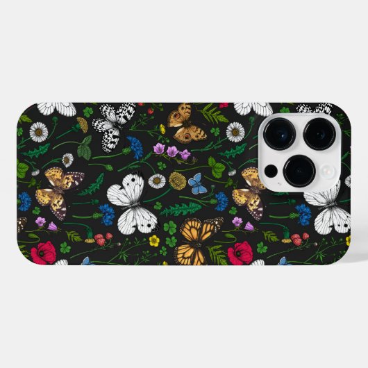 Wilde bloemen en vlinders op zwart iPhone hoesje (Achterkant horizontaal)