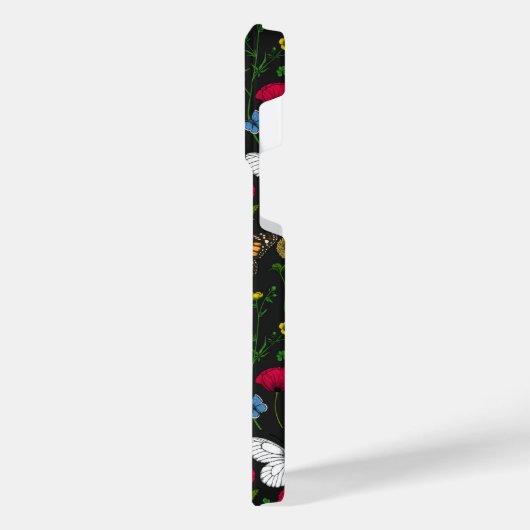 Wilde bloemen en vlinders op zwart iPhone hoesje (Linkerkant)
