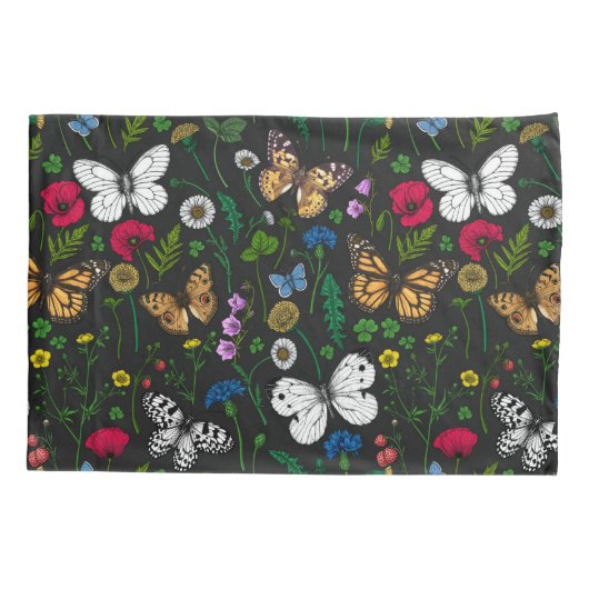 Wilde bloemen en vlinders op zwart kussensloop (Achterkant-Links)