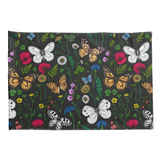 Wilde bloemen en vlinders op zwart kussensloop (Achterkant-Rechts)