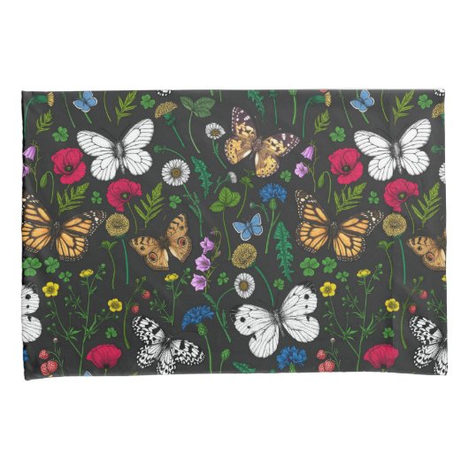 Wilde bloemen en vlinders op zwart kussensloop (Voorkant-Rechts)