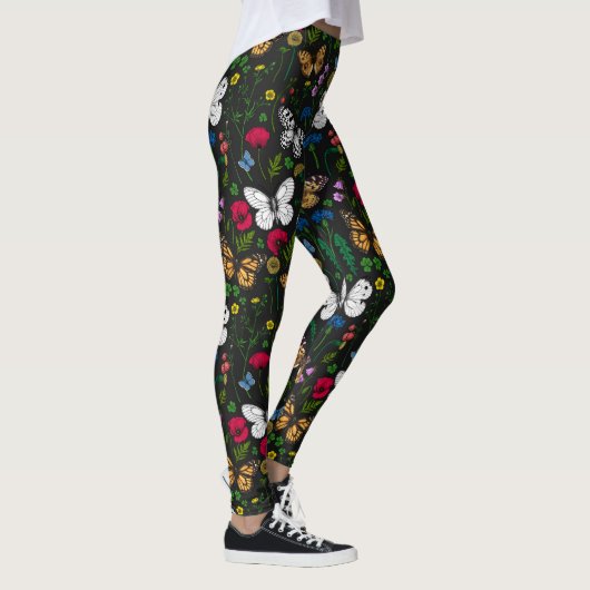 Wilde bloemen en vlinders op zwart leggings (Rechts)
