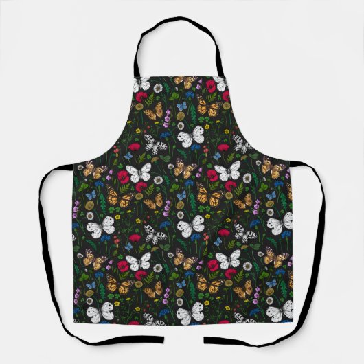 Wilde bloemen en vlinders op zwart schort (Voorkant)