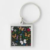 Wilde bloemen en vlinders op zwart sleutelhanger (Voorkant)