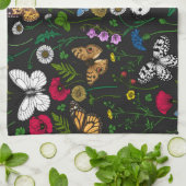 Wilde bloemen en vlinders op zwart theedoek (Gevouwen)