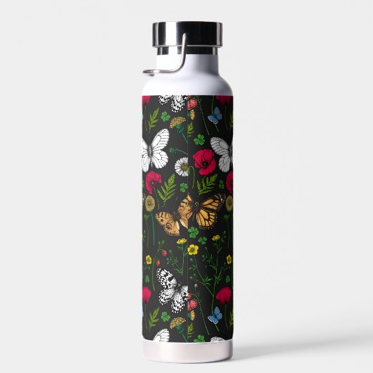 Wilde bloemen en vlinders op zwart waterfles (Rechts)