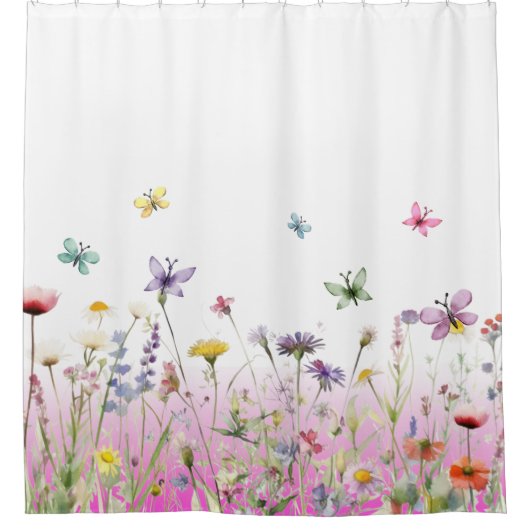 Wilde bloemen en vlinders roze gradiënt douchegordijn (Voorkant)