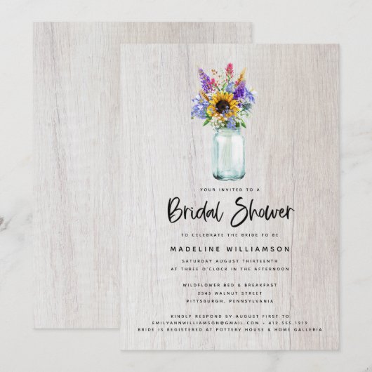 Wilde bloemen en Zonnebloemen Mason Jar Vrijgezell Kaart (Voorkant / Achterkant)