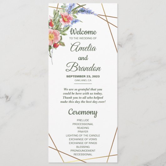 Wilde bloemen Faux Gold Foil Geometric Lijst Rusti Programmakaart (Voorkant)
