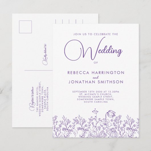 Wilde bloemen Floral Elegant Lila Wedding Uitnodiging Briefkaart (Voorkant / Achterkant)